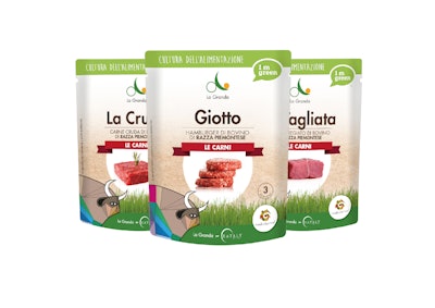 La Granda uses stand-up pouches made with 80% sugarcane-based PE for three of its Piedmontese beef products.