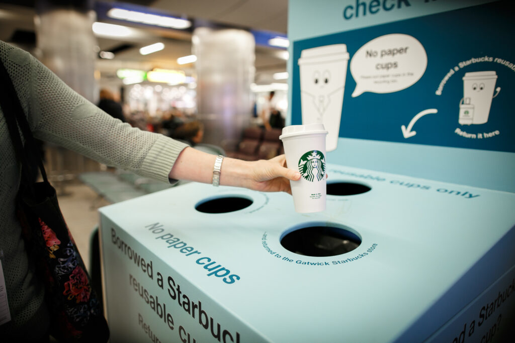 &bull; Before customers board their flight, they can return their cup to one of five Cup Check-In points in the terminal.