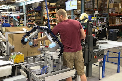 Cobots can be programmed by simply grabbing the cobot arm and “teaching” the cobot the required cycle.