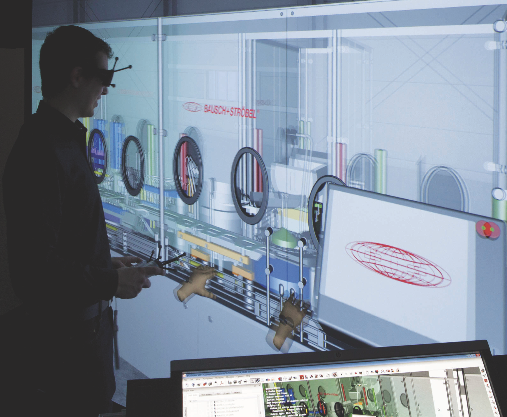 A Bausch+Str&ouml;bel employee uses the company's virtual reality technology for training on a new piece of equipment.