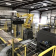 The palletizing solution uses a four-axis robot from Fanuc. At presstime, the line was idle, as it was BASF’s slow season.