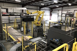 The palletizing solution uses a four-axis robot from Fanuc. At presstime, the line was idle, as it was BASF’s slow season.