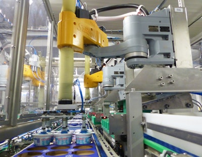 A SCARA robot picks six tubs of dairy product from a conveyor and places them into a corrugated tray.