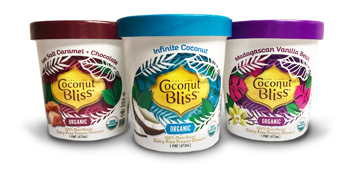 Coconut Bliss packages its plant-based ice cream in equally sustainable plant-based packaging. Photo courtesy of Coconut Bliss.