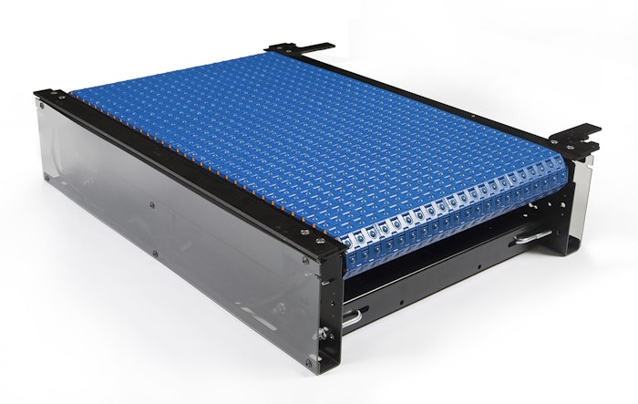 The MODSORT conveyor station features the System Plast 2253RT roller top belt, which allows the conveyor station to transfer and divert an array packages based on the sphere’s vector speed and direction. Photo courtesy of Regal Beloit Corporation.