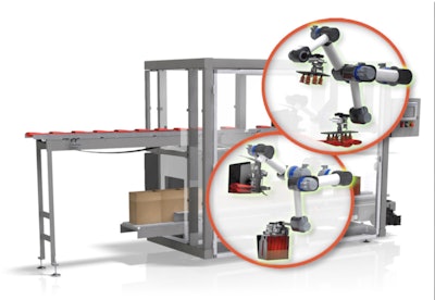 The SCARA robot on the Douglas top-load case packer collates pouches and then inserts them into a case.