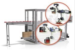 The SCARA robot on the Douglas top-load case packer collates pouches and then inserts them into a case.