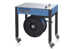 The EXS-100 semi-automatic strapping machine applies a plastic strap around overfilled and heavy-weight packages.