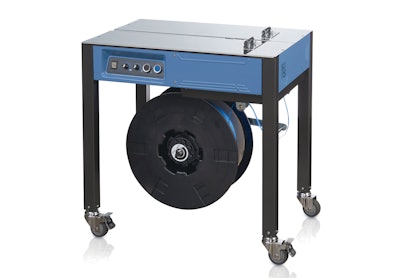 The EXS-100 semi-automatic strapping machine applies a plastic strap around overfilled and heavy-weight packages.