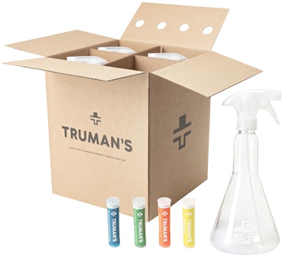 Truman’s starter kit consists of four durable PET spray bottles, each with a corresponding cleaner cartridge in four non-toxic varieties, one for each of kitchen, bath, glass, and floors.