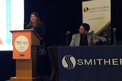 Johnson & Johnson's Melissa Dandy details e-commerce lessons learned at E-Pack Summit US as R&D team leader Laszlo Moharita looks on.