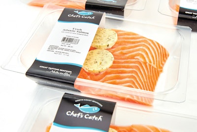 North Coast Seafoods packs its range of fresh fish filets in vacuum skin packs using thermoformed semi-rigid trays and a printed belly band for its case-ready package program.