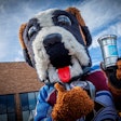 Colorado Avalanche mascot, Bernie, displays the new recyclable aluminum cup, launching at the Pepsi Center.