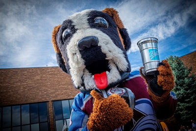 Colorado Avalanche mascot, Bernie, displays the new recyclable aluminum cup, launching at the Pepsi Center.