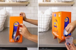 The dispenser nozzle of the Tide Eco-Box is inside the footprint of the package when shipped, and then the consumer pulls it outside of the footprint to use the detergent.