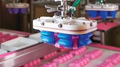 Peeps are loaded into trays by the JLS Talon robotic pick-and-place system, featuring ABB FlexPicker vision-guided robots and Soft Robotics gripper EOATs.