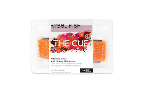 New packaging for Rebel Fish fresh salmon entrées comprises a vacuum skin pack with a clear plastic tray and a linerless film label.