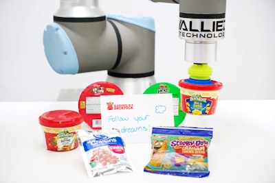 For the Blessings in a Backpack project at PACK EXPO Las Vegas, the robotic line from Universal Robots and Allied Technology picked and loaded six different food items into a pouch.