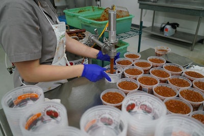 piston filler depositing salsa into cups