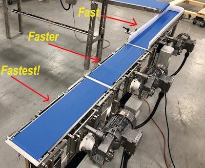 Slim-Fit low-profile, sanitary, small product transfer conveyors.