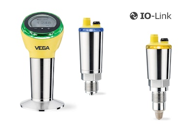 Vegabar compact pressure sensors with switch function and Vegapoint capacitive level switches—both tailored to standard applications—feature a 360-degree status display, which can be set to any of 256 different colors and easily seen from any direction.