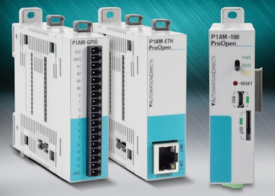 The P1AM-100 CPU is designed to support the full suite of Productivity1000 I/O expansion modules, including: discrete, analog, temperature, relay, high-speed input, pulse-width-modulation.