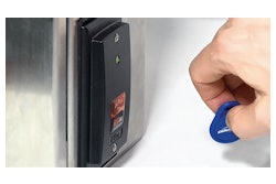 The RFID scanner mounted to the side of the enclosure holding the HMI is connected to the machine’s Ethernet network for communication to the Logix processor and PanelView Plus HMI. Users log in with an RFID fob.