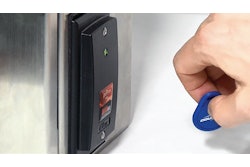 The RFID scanner mounted to the side of the enclosure holding the HMI is connected to the machine’s Ethernet network for communication to the Logix processor and PanelView Plus HMI. Users log in with an RFID fob.