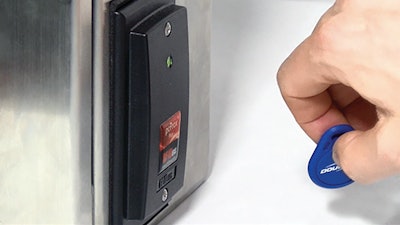 The RFID scanner mounted to the side of the enclosure holding the HMI is connected to the machine’s Ethernet network for communication to the Logix processor and PanelView Plus HMI. Users log in with an RFID fob.