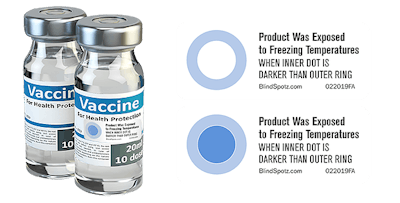 BlindSpotz™ Freeze Alert Sensor: Freeze Alert can be printed on label, syringe or aluminum cap. The technology prints clear and then turns blue if the drug freezes at any time in supply chain.