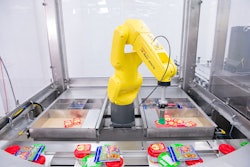 At PACK EXPO Las Vegas in fall 2019, Syntegon’s Pack 102 horizontal flow wrapper with three Fanuc robots was demonstrated loading meal kits.