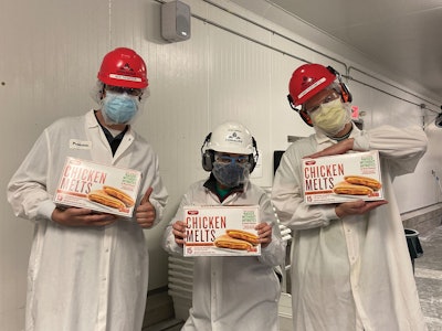 (From left) Conagra Brands’ Milwaukee plant team members Nick Thompson, Xiomaris Mendez, and Jake Rozenberg proudly display Chicken Melts products that are now more sustainably produced. Photo courtesy of Conagra Brands.