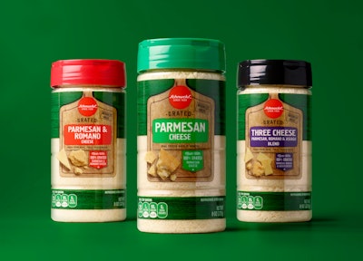 Part of Schnucks' cheese line, Parmesan in rigid containers got the same design treatment as its shredded cheese.