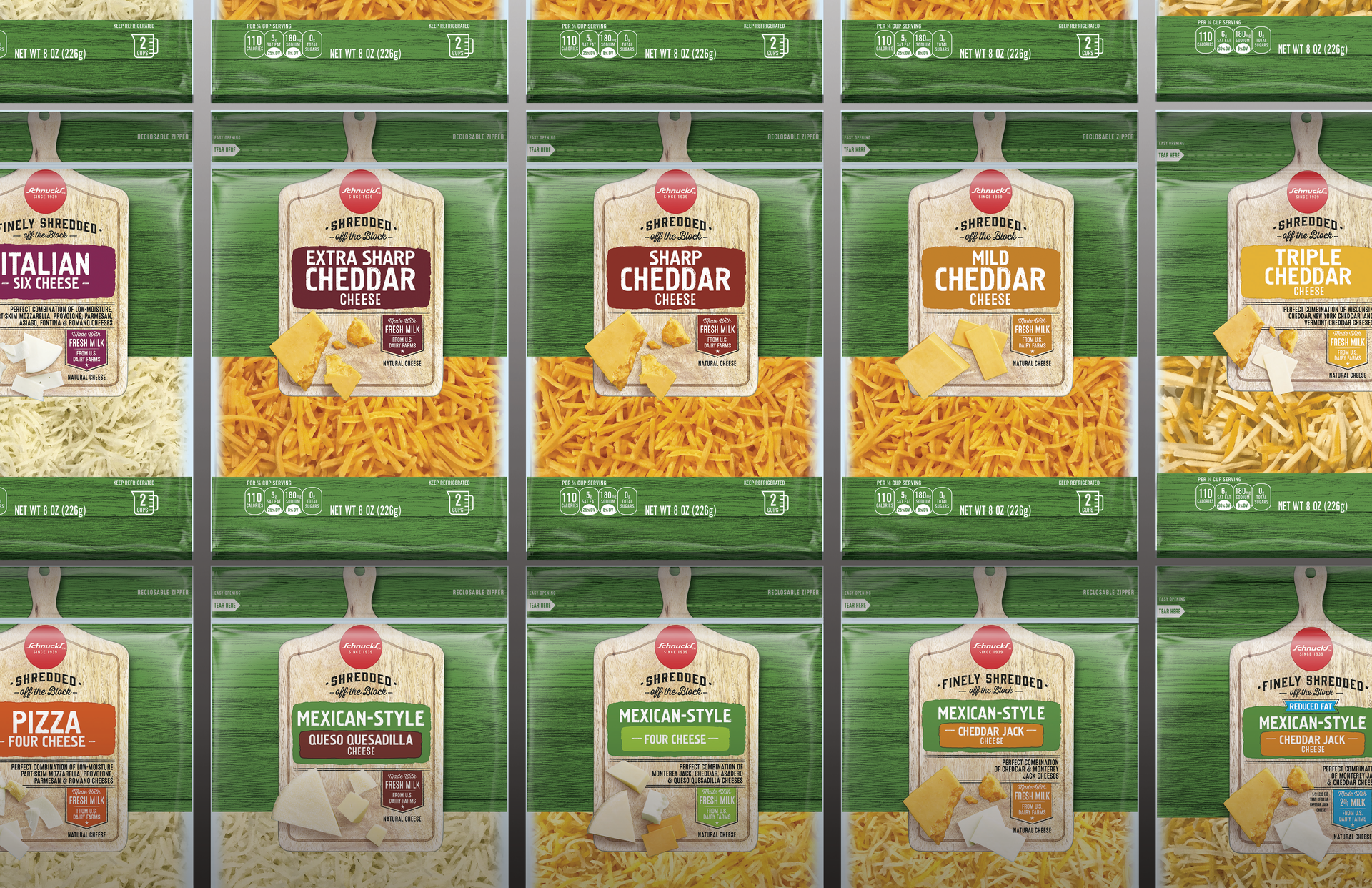 For its best-selling cheese products, Schnucks chose a unique green color to differentiate the line from the competition, while a cheese-board concept provides appetite appeal and &lsquo;brings a smile in the mind.&rsquo;