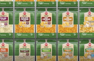 For its best-selling cheese products, Schnucks chose a unique green color to differentiate the line from the competition, while a cheese-board concept provides appetite appeal and ‘brings a smile in the mind.’