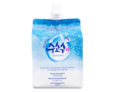 Susosu mineral water infused with molecular hydrogen is packaged in a 300-mL multilayer aluminum pouch with gussets.