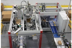 Shown here is one of four case packers that receive bags (lower left) and then discharge finished cases (lower right) into a spiral conveyor takeaway.