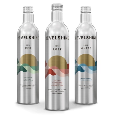 The most prominent element of the artwork is a graphic that seamlessly flows around the bottle like a landscape.