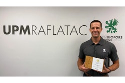 UPM Raflatac Sustainability Manager Tyler Matusevich accepts the Innovation in Responsible Sourcing Award from the Sustainable Packaging Coalition.