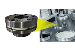 Modified CD Coupling (left) from Zero-Max provides improved torsional stiffness, eliminating torsional windup in the packaging system’s large diameter turntable (right).