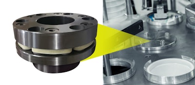Modified CD Coupling (left) from Zero-Max provides improved torsional stiffness, eliminating torsional windup in the packaging system’s large diameter turntable (right).