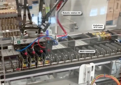 At this point, eight cans are collated in a flighted conveyor that leads to the station where all eight are pushed into an erected carton.