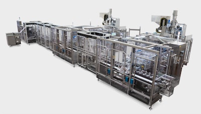 Theta line comprised of: two Theta machines, two R80C counting and stacking units, two SC80 continuous motion synchronizing robots, and a continuous-motion cartoning machine.