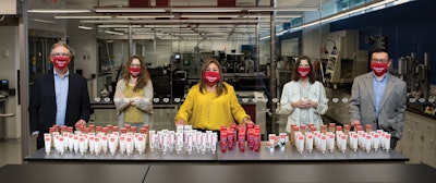 Key contributors to the work Colgate has done on the monomaterial recyclable tube project include (left to right): Tom Heaslip, Worldwide Director, Category Packaging; Jennifer Noll Waxman, Director E2E Program Management; Jennifer Boada-Rodriguez, Senior Technical Associate; Anne Bedarf, Packaging Sustainability Manager; and Jun Wang, Senior Technical Associate.