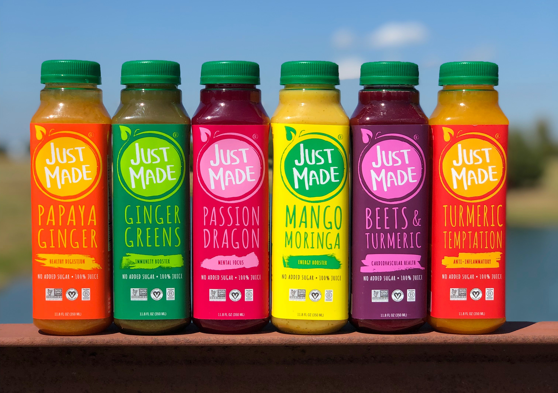 Just Made Foods produces juices in nine varieties in 1.8-oz bottles. Early this year, it plans to add SKUs in 1-liter bottles. Photo courtesy of Just Made Foods.