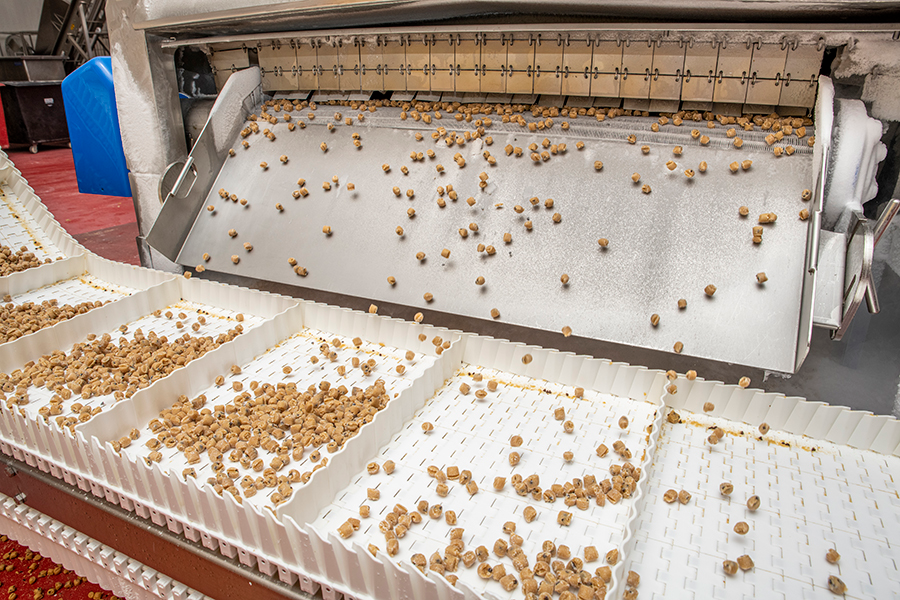 Rhino Foods&rsquo; frozen chocolate-chip cookie dough pellets&mdash;shown tumbling from a Messer Wave Freezer, ready for packing&mdash;add texture and flavor to ice creams.