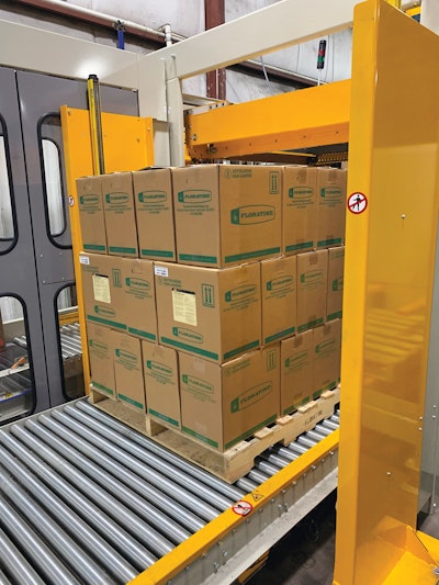 The heavy liquid product results in each pallet layer weighing close to a thousand pounds.