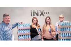 INX representatives Bryce Kristo, Michelle Pack, Dayna Campobasso and John Hrdlick ready the supply of water being shipped to Texas to help with relief efforts.