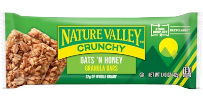 General Mills has introduced a plastic film wrapper for its Nature Valley crunchy granola bar product that is designated as Store Drop-Off recyclable by How2Recycle.
