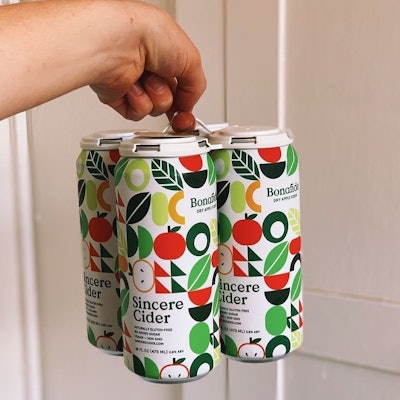 The grid-like design on California’s Sincere Cider uses various elements and colors inspired by apples to evoke the crisp, clean flavors to be found within.